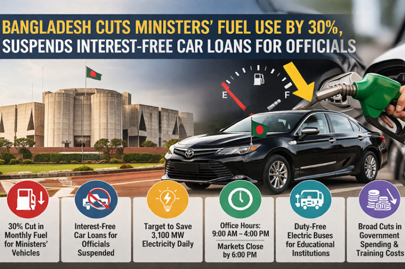 Bangladesh Cuts Ministers’ Fuel Use by 30%, Suspends Interest-Free Car Loans for Officials