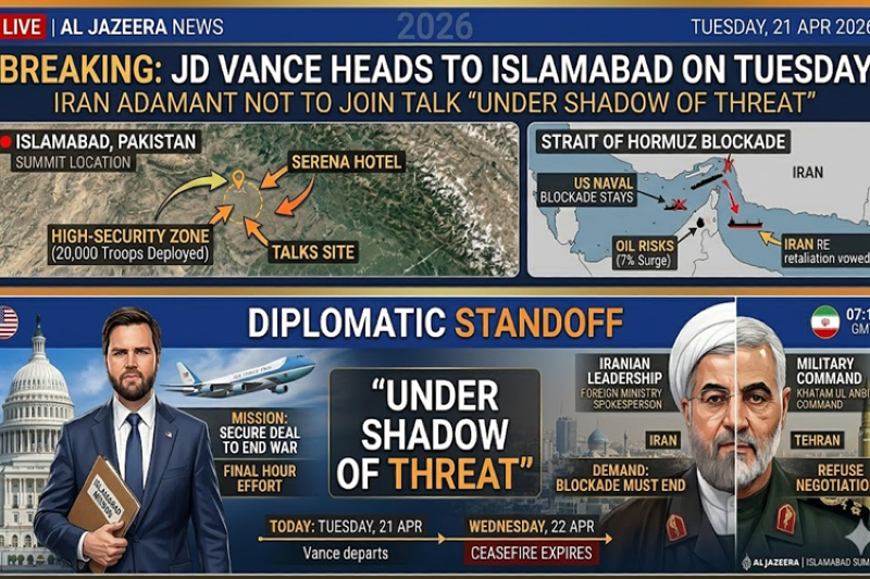 JD Vance Heads to Islamabad on Tuesday as Iran Adamant Not to Join Talk "Under Shadow of Threat"
