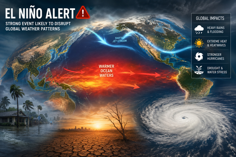 Strong El Niño Event 80% Likely to Trigger Global Droughts, Heatwaves, and Intense Winter Storms  in Coming Months